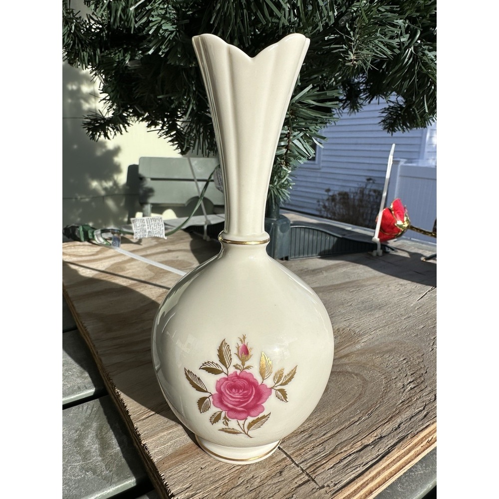 Vintage Lenox Roselyn Rhodora Bud Vase Pink Rose Porcelain 24K Gold‎ USA